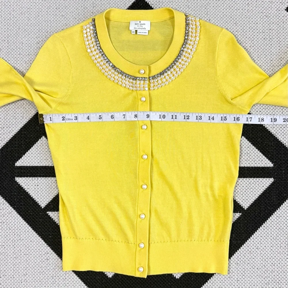 Kate Spade Tula Beaded Pearl & Rhinestone Cardigan in Lemon Yellow XS